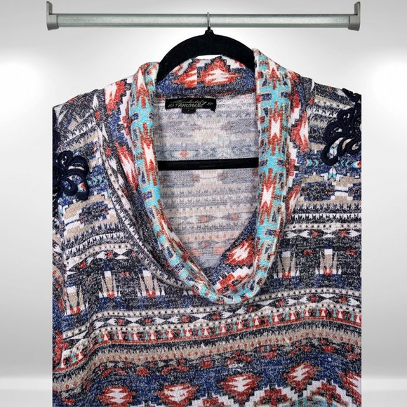 Absolutely Famous Blue & Orange Aztec Cowl Neck Knit Sweater, Lace Shoulders - Picture 2 of 7